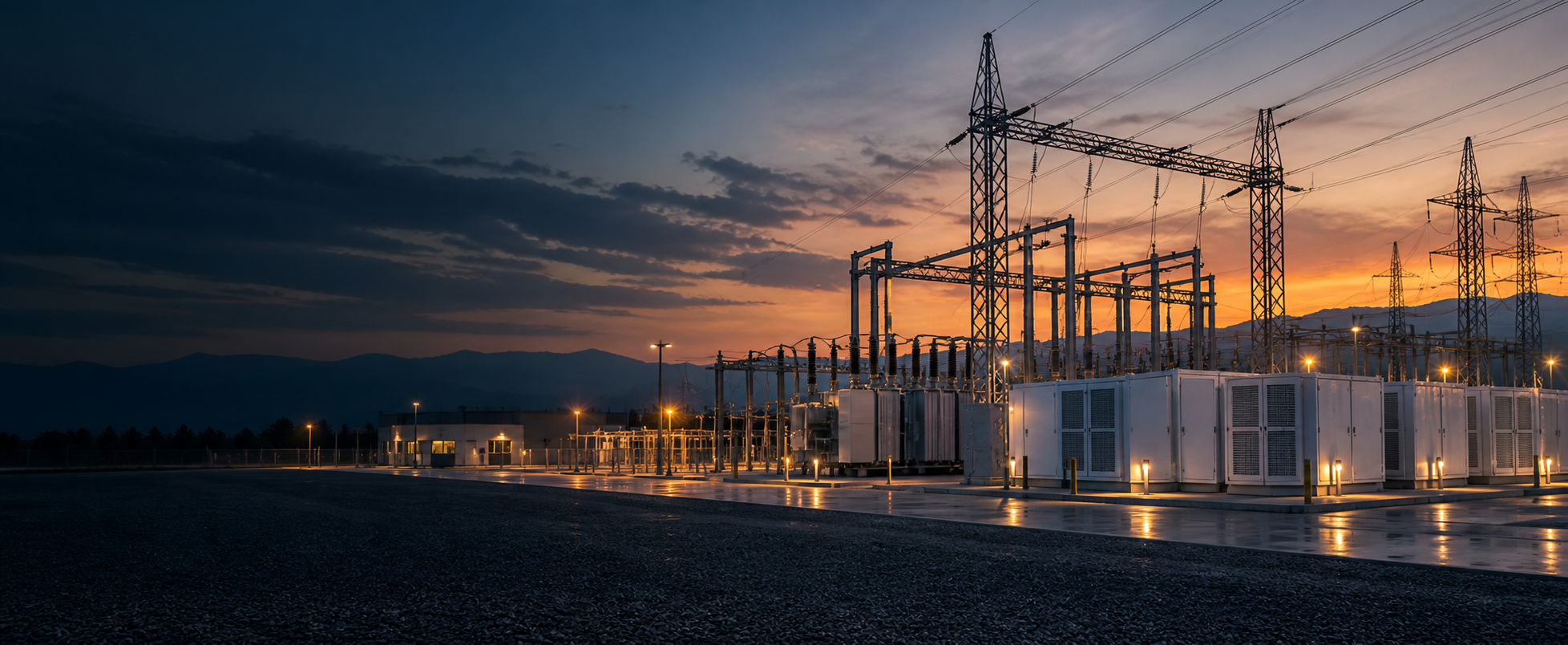 Electrical substation and transmission lines at dusk